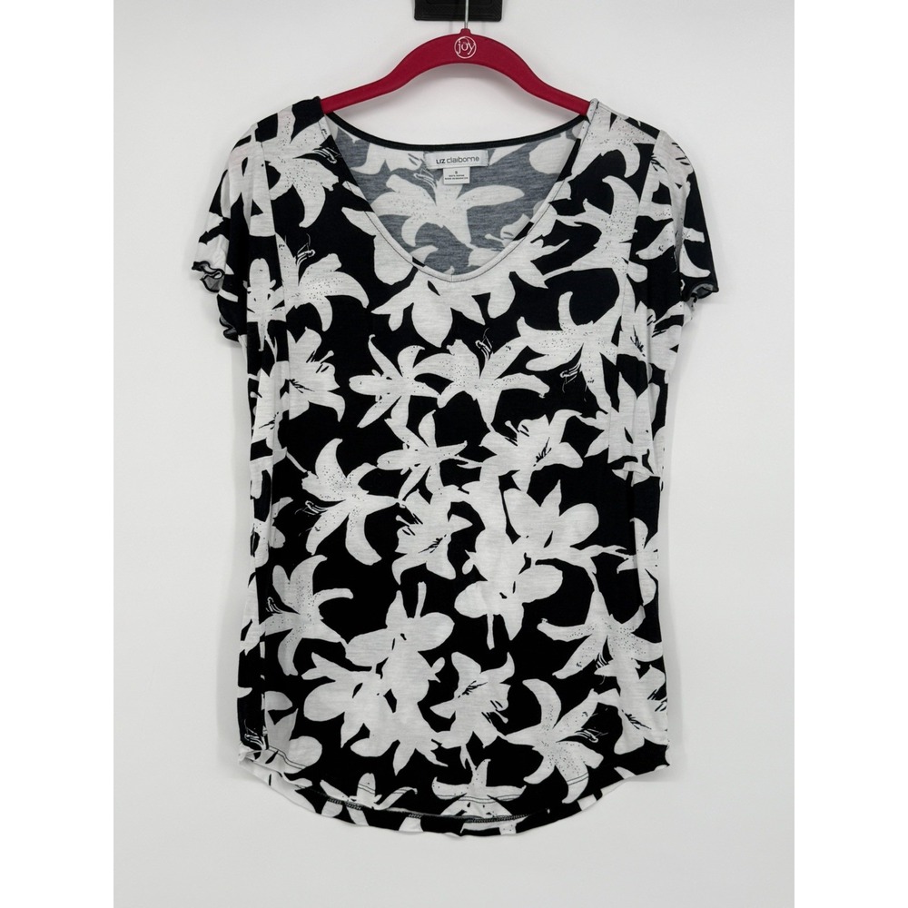 Liz Claiborne Women's Black and White Floral Top Small